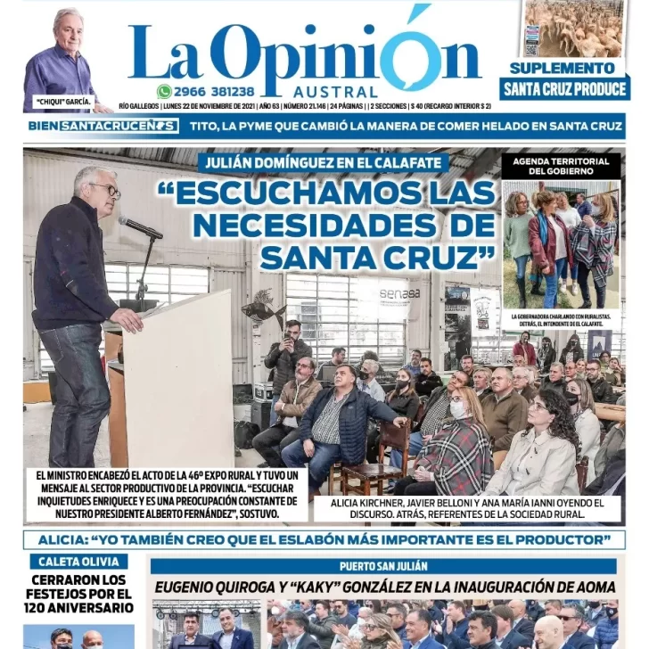 Diario La Opinión Austral tapa edición impresa del 22 de noviembre de 2021 Río Gallegos, Santa Cruz, Argentina