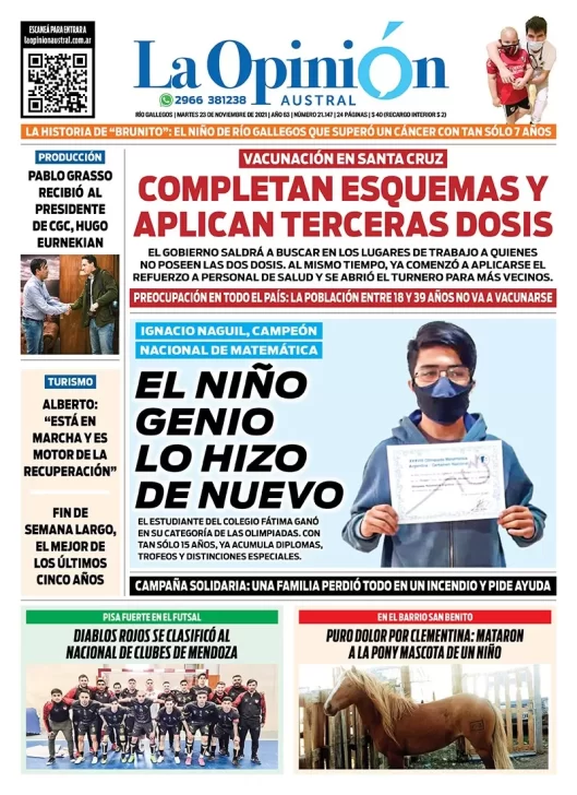 Diario La Opinión Austral tapa edición impresa del 23 de noviembre de 2021 Río Gallegos, Santa Cruz, Argentina