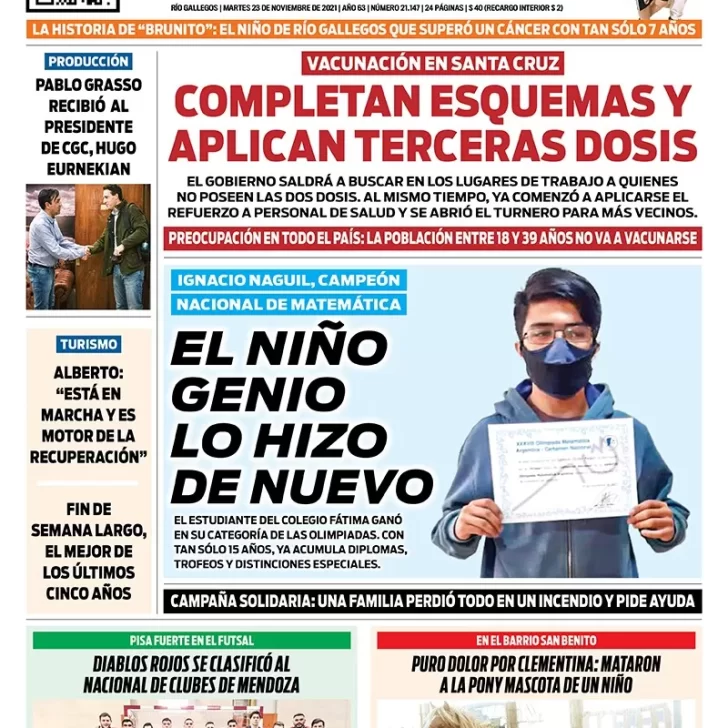 Diario La Opinión Austral tapa edición impresa del 23 de noviembre de 2021 Río Gallegos, Santa Cruz, Argentina