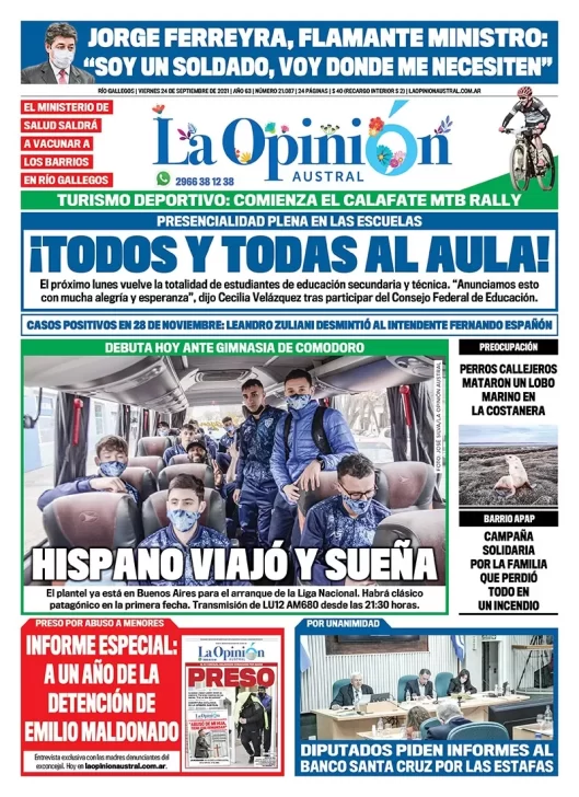 Diario La Opinión Austral tapa edición impresa del 24 de septiembre de 2021 Río Gallegos, Santa Cruz, Argentina