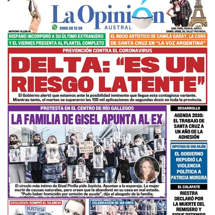 Diario La Opinión Austral tapa edición impresa del 25 de agosto de 2021 Río Gallegos, Santa Cruz, Argentina