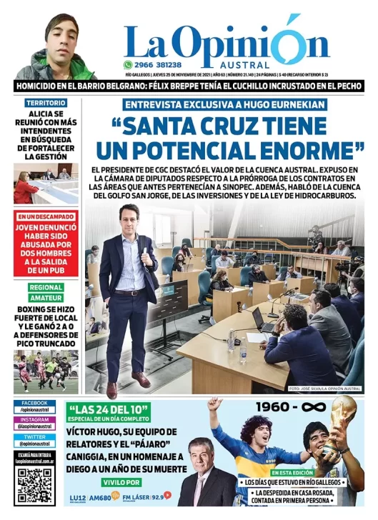 Diario La Opinión Austral tapa edición impresa del 25 de noviembre de 2021 Río Gallegos, Santa Cruz, Argentina