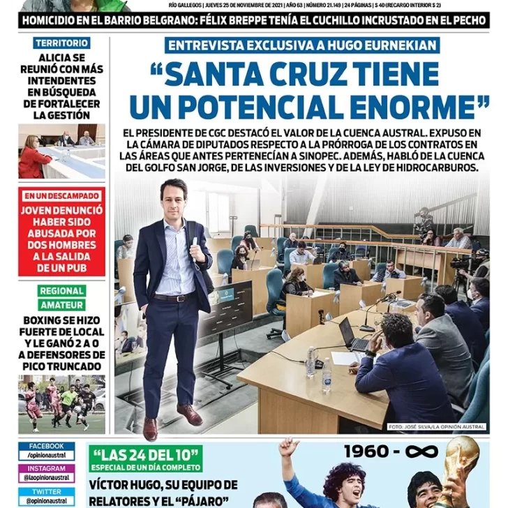 Diario La Opinión Austral tapa edición impresa del 25 de noviembre de 2021 Río Gallegos, Santa Cruz, Argentina