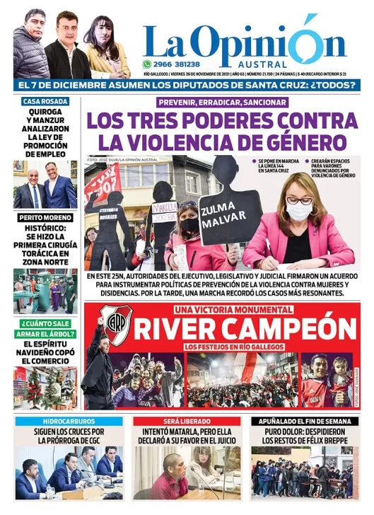 Diario La Opinión Austral tapa edición impresa del 26 de noviembre de 2021 Río Gallegos, Santa Cruz, Argentina