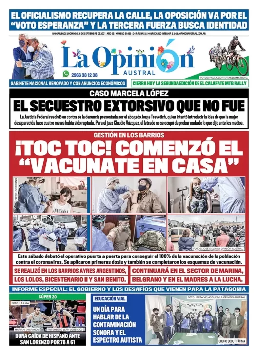 Diario La Opinión Austral tapa edición impresa del 26 de septiembre de 2021 Río Gallegos, Santa Cruz, Argentina