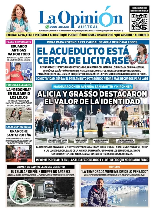 Diario La Opinión Austral tapa edición impresa del 28 de noviembre de 2021 Río Gallegos, Santa Cruz, Argentina