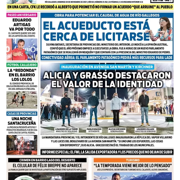 Diario La Opinión Austral tapa edición impresa del 28 de noviembre de 2021 Río Gallegos, Santa Cruz, Argentina