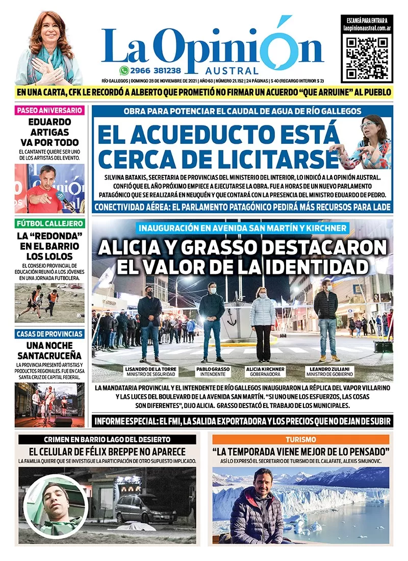 Diario La Opinión Austral tapa edición impresa del 28 de noviembre de 2021 Río Gallegos, Santa Cruz, Argentina