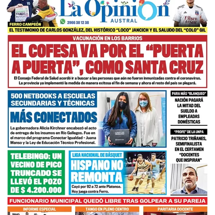 Diario La Opinión Austral tapa edición impresa del 28 de septiembre de 2021 Río Gallegos, Santa Cruz, Argentina