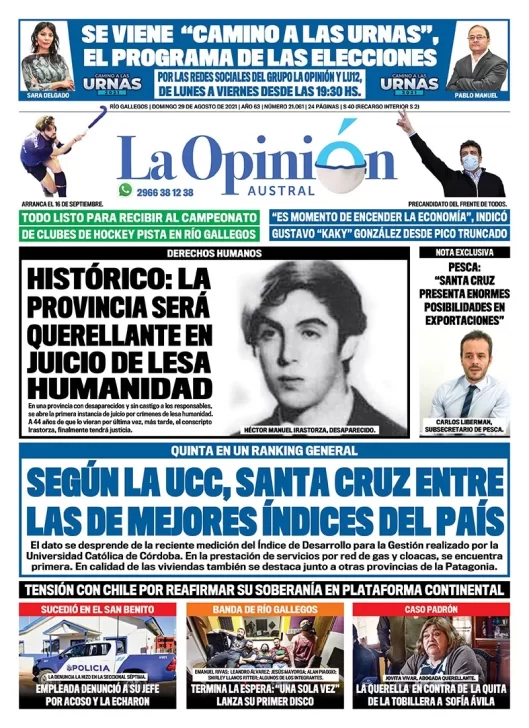 Diario La Opinión Austral tapa edición impresa del 29 de agosto de 2021 Río Gallegos, Santa Cruz, Argentina