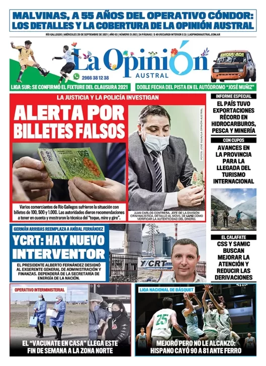 Diario La Opinión Austral tapa edición impresa del 29 de septiembre de 2021 Río Gallegos, Santa Cruz, Argentina