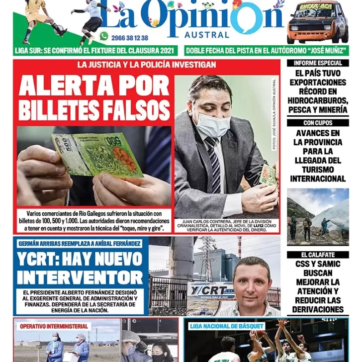 Diario La Opinión Austral tapa edición impresa del 29 de septiembre de 2021 Río Gallegos, Santa Cruz, Argentina