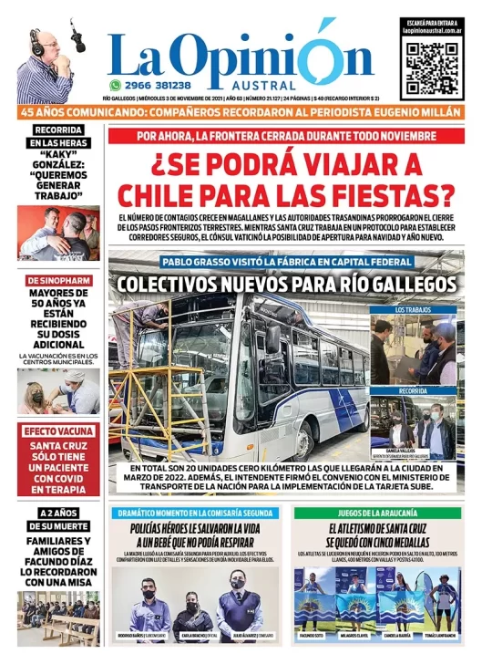 Diario La Opinión Austral tapa edición impresa del 3 de noviembre de 2021 Río Gallegos, Santa Cruz, Argentina