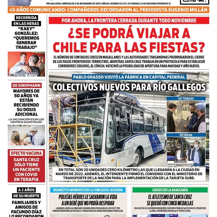 Diario La Opinión Austral tapa edición impresa del 3 de noviembre de 2021 Río Gallegos, Santa Cruz, Argentina Diario La Opinión Austral tapa edición impresa del 3 de noviembre de 2021 Río Gallegos, Santa Cruz, Argentina