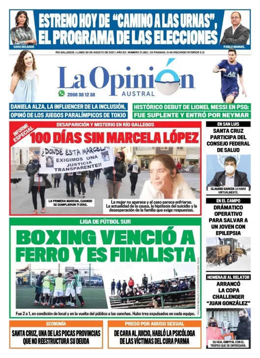 Diario La Opinión Austral tapa edición impresa del 30 de agosto de 2021 Río Gallegos, Santa Cruz, Argentina