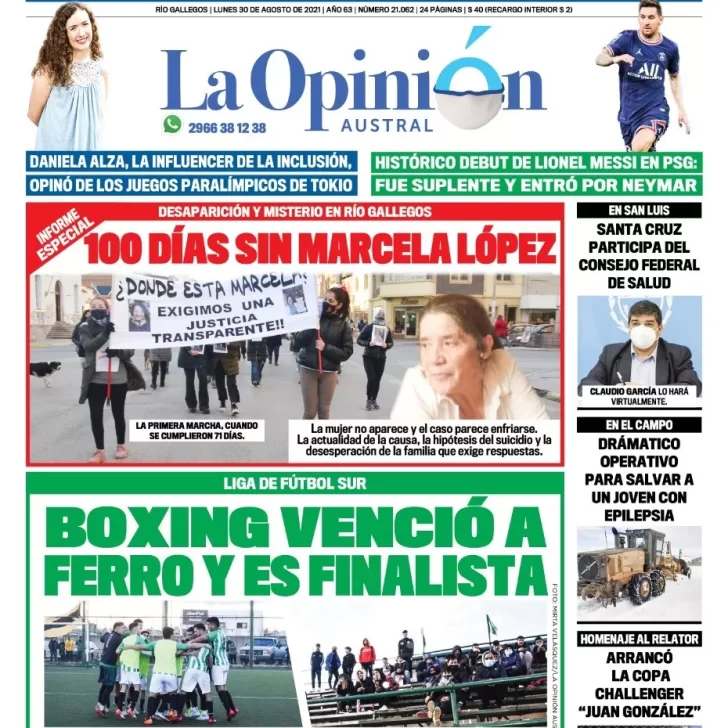 Diario La Opinión Austral tapa edición impresa del 30 de agosto de 2021 Río Gallegos, Santa Cruz, Argentina