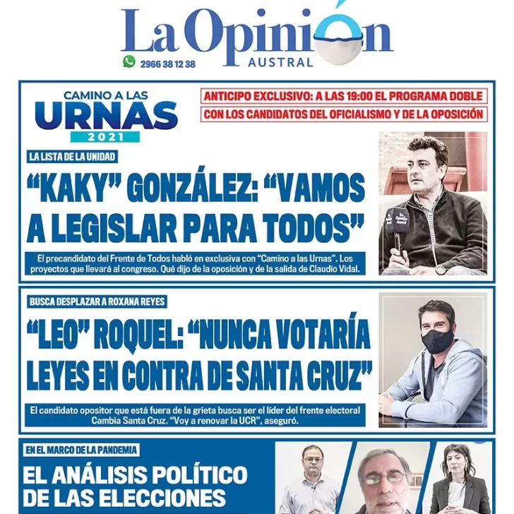 Diario La Opinión Austral tapa edición impresa del 31 de agosto de 2021 Río Gallegos, Santa Cruz, Argentina