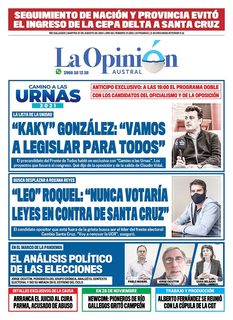 Diario La Opinión Austral tapa edición impresa del 31 de agosto de 2021 Río Gallegos, Santa Cruz, Argentina