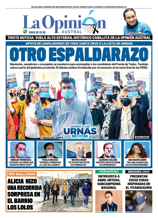 Diario La Opinión Austral tapa edición impresa del 5 de septiembre de 2021 Río Gallegos, Santa Cruz, Argentina