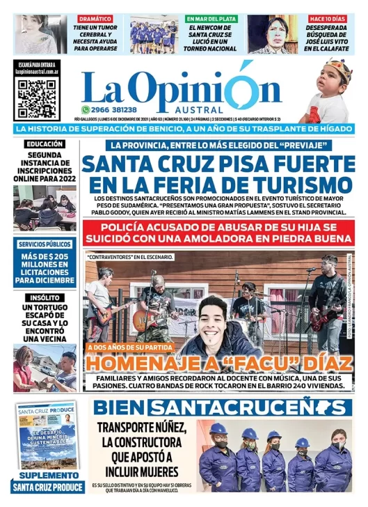 Diario La Opinión Austral tapa edición impresa del 6 de diciembre de 2021 Río Gallegos, Santa Cruz, Argentina