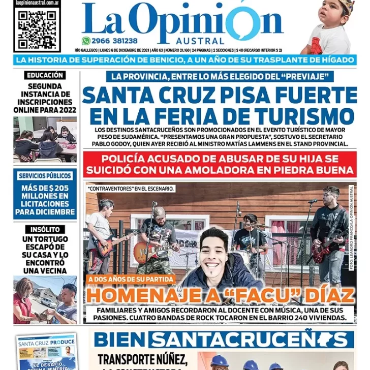 Diario La Opinión Austral tapa edición impresa del 6 de diciembre de 2021 Río Gallegos, Santa Cruz, Argentina