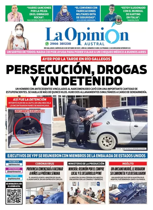 Diario La Opinión Austral tapa edición impresa del 6 de octubre de 2021 Río Gallegos, Santa Cruz, Argentina