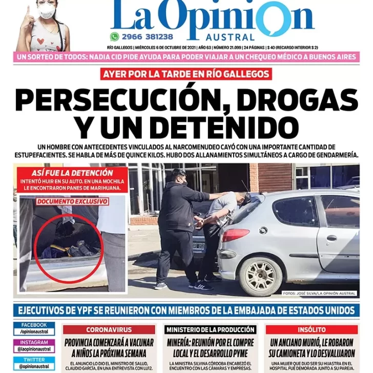 Diario La Opinión Austral tapa edición impresa del 6 de octubre de 2021 Río Gallegos, Santa Cruz, Argentina