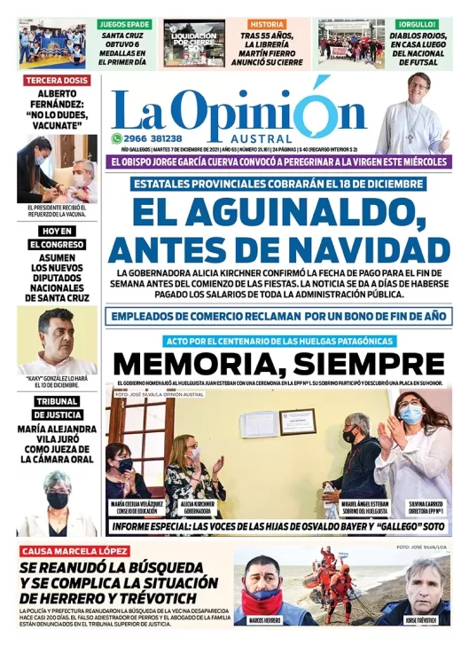 Diario La Opinión Austral tapa edición impresa del 7 de diciembre de 2021 Río Gallegos, Santa Cruz, Argentina