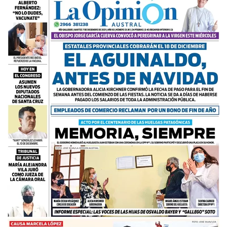 Diario La Opinión Austral tapa edición impresa del 7 de diciembre de 2021 Río Gallegos, Santa Cruz, Argentina