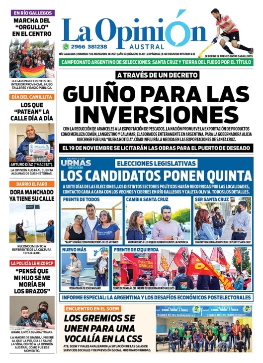 Diario La Opinión Austral tapa edición impresa del 7 de noviembre de 2021 Río Gallegos, Santa Cruz, Argentina