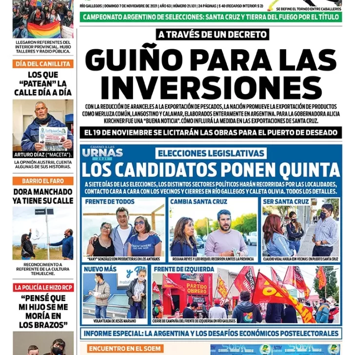 Diario La Opinión Austral tapa edición impresa del 7 de noviembre de 2021 Río Gallegos, Santa Cruz, Argentina
