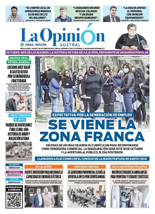 Diario La Opinión Austral tapa edición impresa del 7 de octubre de 2021 Río Gallegos, Santa Cruz, Argentina