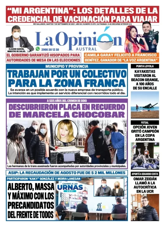 Diario La Opinión Austral tapa edición impresa del 7 de septiembre de 2021 Río Gallegos, Santa Cruz, Argentina