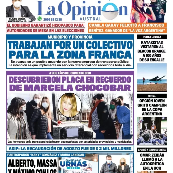 Diario La Opinión Austral tapa edición impresa del 7 de septiembre de 2021 Río Gallegos, Santa Cruz, Argentina