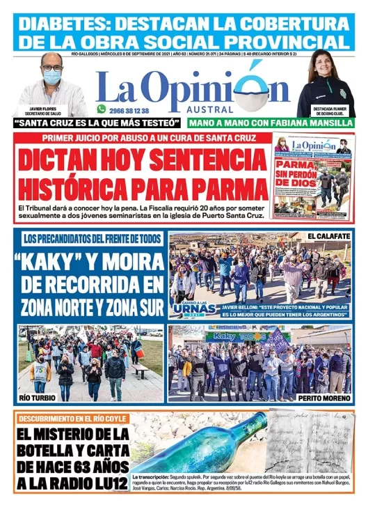 Diario La Opinión Austral tapa edición impresa del 8 de septiembre de 2021 Río Gallegos, Santa Cruz, Argentina