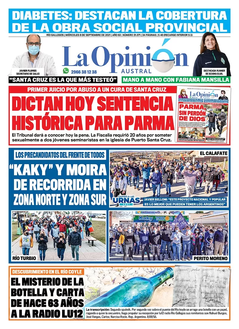 Diario La Opinión Austral tapa edición impresa del 8 de septiembre de 2021 Río Gallegos, Santa Cruz, Argentina