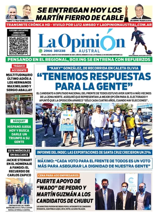 Diario La Opinión Austral tapa edición impresa del 9 de noviembre de 2021 Río Gallegos, Santa Cruz, Argentina