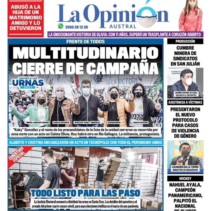 Diario La Opinión Austral tapa edición impresa del 9 de septiembre de 2021 Río Gallegos, Santa Cruz, Argentina