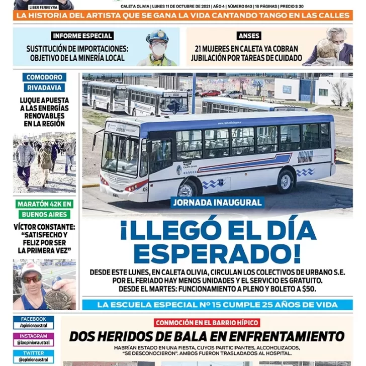 Diario La Opinión Zona Norte tapa edición impresa del 11 de octubre de 2021, Caleta Olivia, Santa Cruz, Argentina