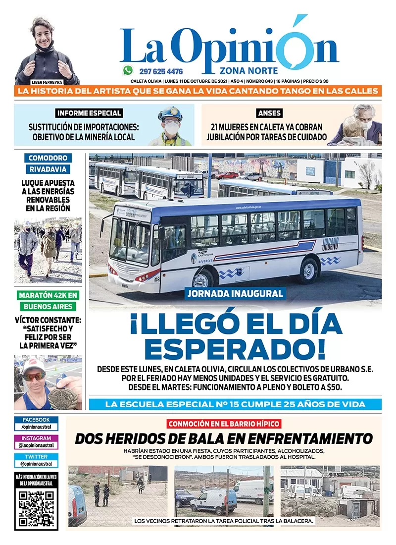 Diario La Opinión Zona Norte tapa edición impresa del 11 de octubre de 2021, Caleta Olivia, Santa Cruz, Argentina