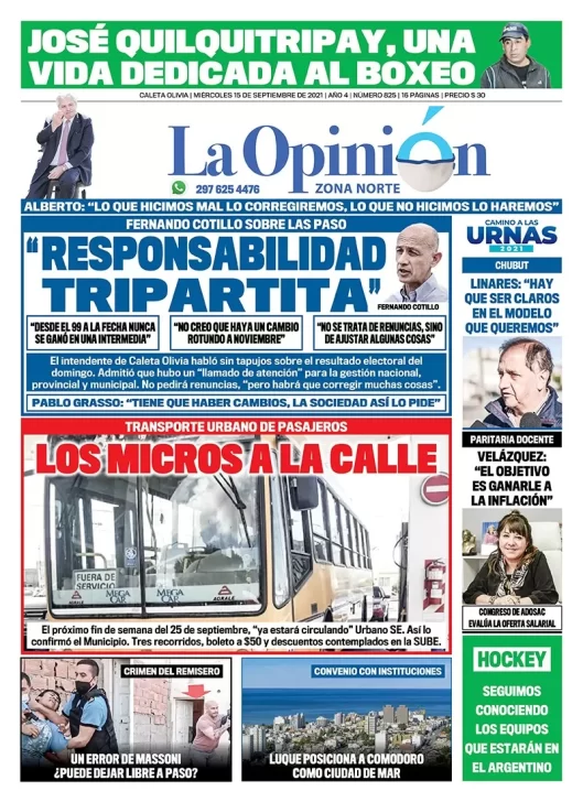 Diario La Opinión Zona Norte tapa edición impresa del 15 de septiembre de 2021, Caleta Olivia, Santa Cruz, Argentina