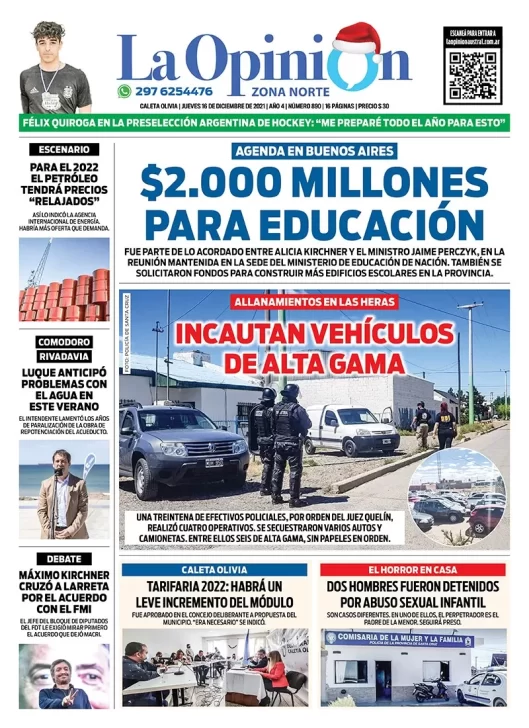 Diario La Opinión Zona Norte tapa edición impresa del 16 de diciembre de 2021, Caleta Olivia, Santa Cruz, Argentina