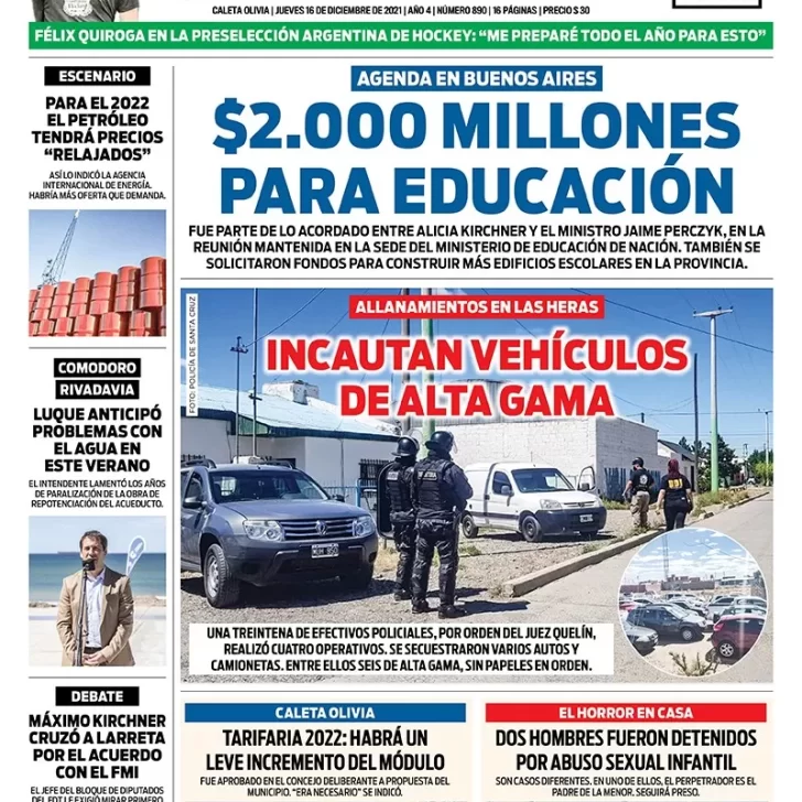 Diario La Opinión Zona Norte tapa edición impresa del 16 de diciembre de 2021, Caleta Olivia, Santa Cruz, Argentina