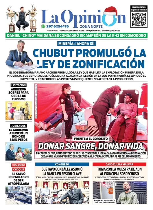 Diario La Opinión Zona Norte tapa edición impresa del 17 de diciembre de 2021, Caleta Olivia, Santa Cruz, Argentina