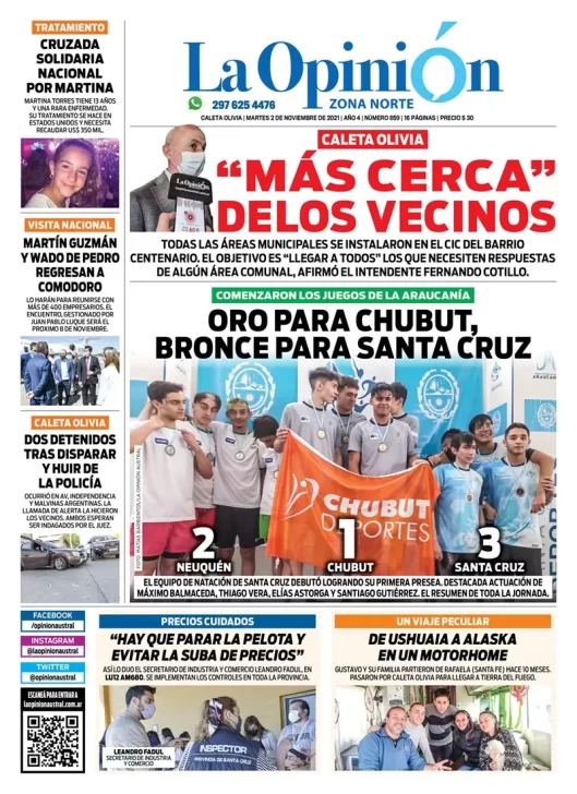 Diario La Opinión Zona Norte tapa edición impresa del 2 de noviembre de 2021, Caleta Olivia, Santa Cruz, Argentina