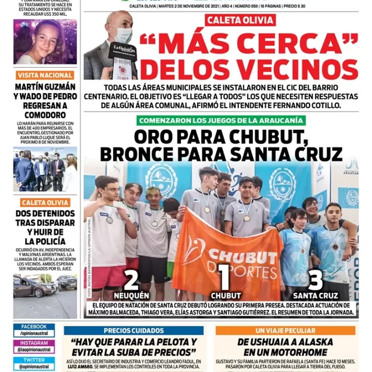 Diario La Opinión Zona Norte tapa edición impresa del 2 de noviembre de 2021, Caleta Olivia, Santa Cruz, Argentina
