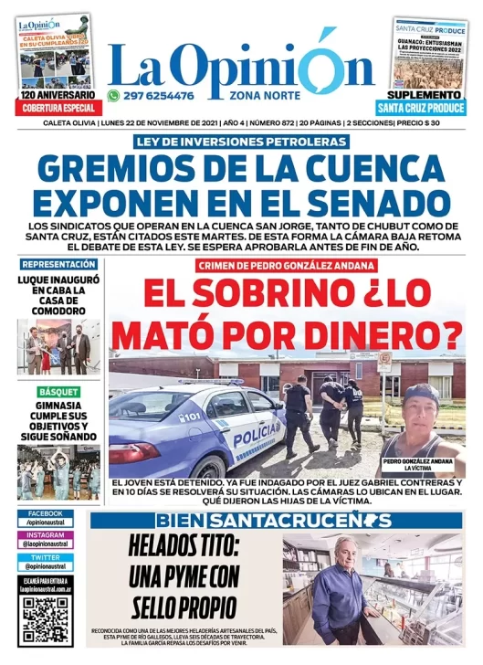 Diario La Opinión Zona Norte tapa edición impresa del 22 de noviembre de 2021, Caleta Olivia, Santa Cruz, Argentina