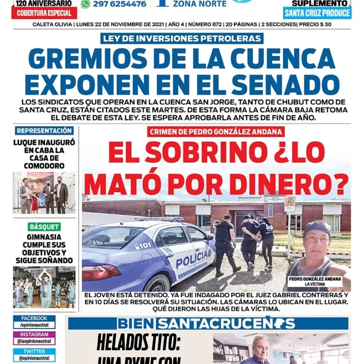 Diario La Opinión Zona Norte tapa edición impresa del 22 de noviembre de 2021, Caleta Olivia, Santa Cruz, Argentina