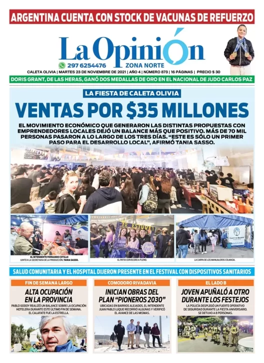 Diario La Opinión Zona Norte tapa edición impresa del 23 de noviembre de 2021, Caleta Olivia, Santa Cruz, Argentina