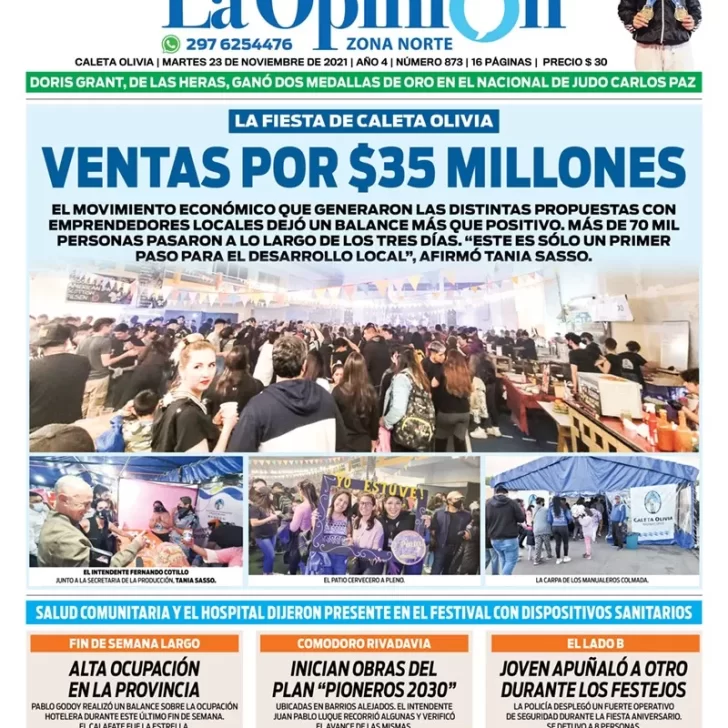 Diario La Opinión Zona Norte tapa edición impresa del 23 de noviembre de 2021, Caleta Olivia, Santa Cruz, Argentina